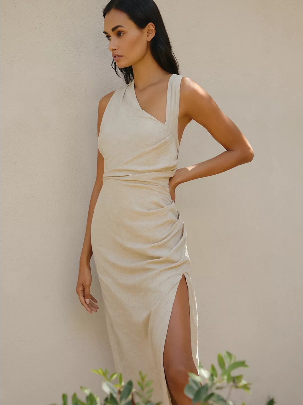 Anthro Sleeveless One-Shoulder Cream Ruched Midi Dress-Nwt